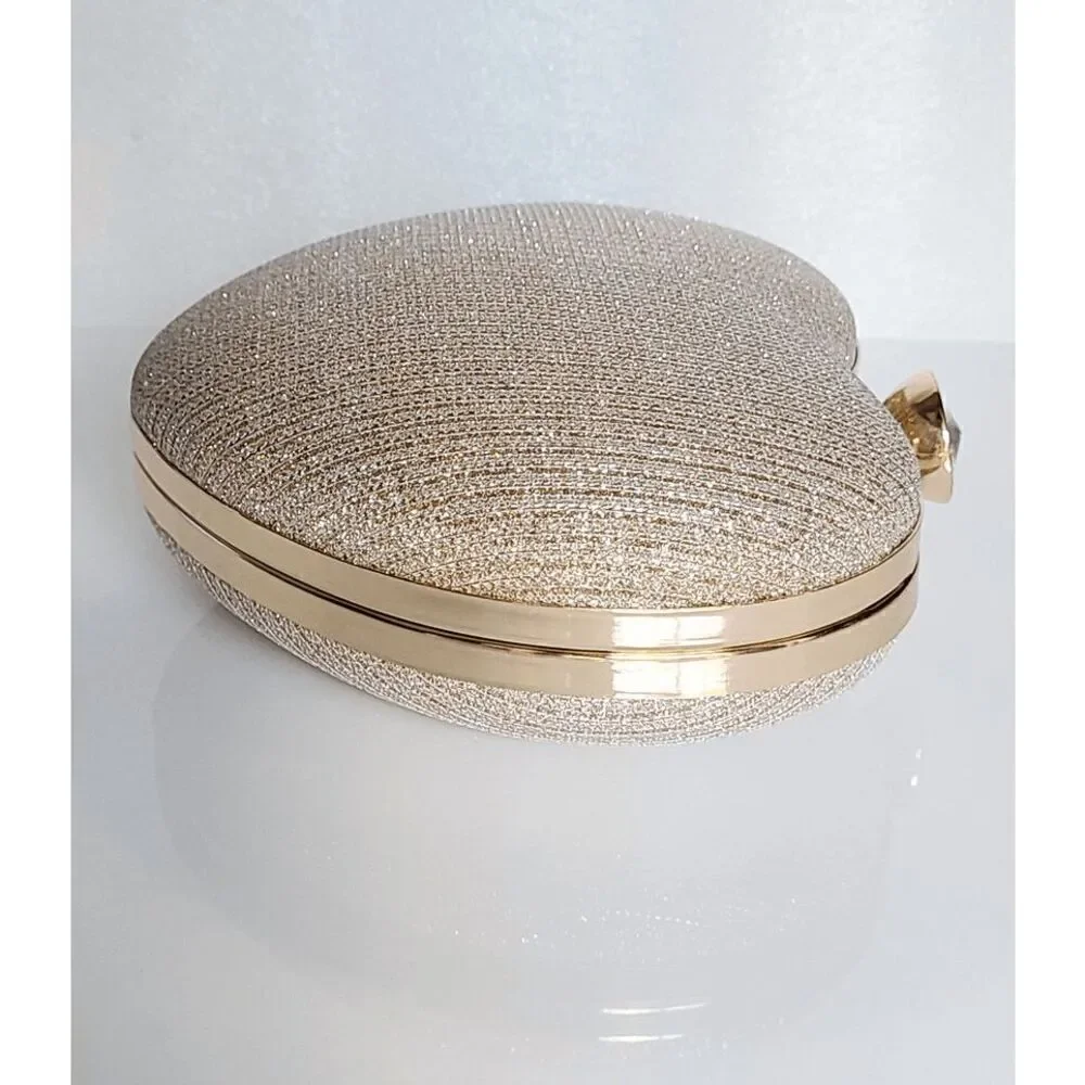 ❤️✨ Gold Sparkling Glitter Heart Shaped Top Handle Chain Clutch Purse Bag NEW